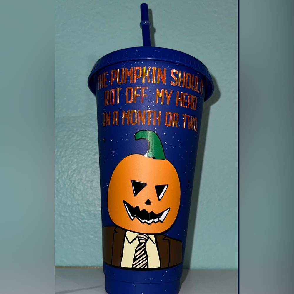 Dwight Halloween pumpkin head tumbler